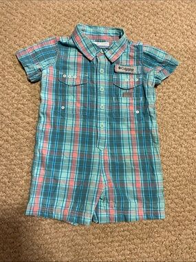 Columbia baby boys sz 6 - 12 mo teal & Coral Plaid Short Sleeve one pc Romper